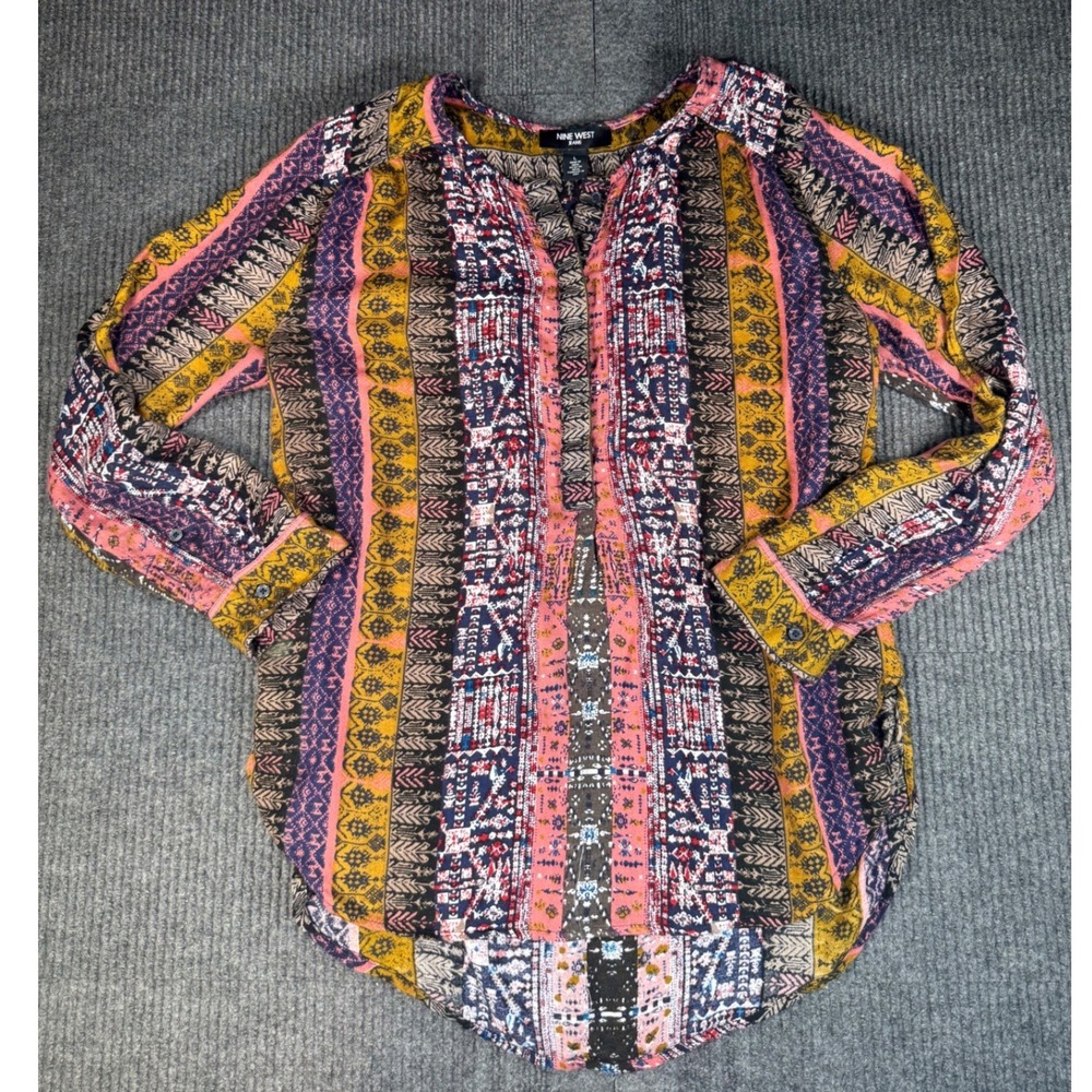 Nine West Jeans Womens Large Multicolor Boho Patchwork Print Long Sleeve Blouse
